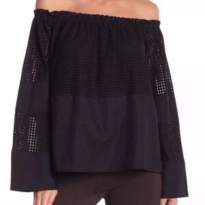 Vertigo Black Off the Shoulder Eyelet Panel Top w/Bell Long Sleeves, S NWT $178